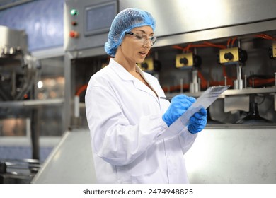 Female engineer in a drinking water factory in professional uniform using laptop working in beverage industrial. Female factory worker use notebook testing program in production line. - Powered by Shutterstock