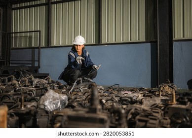 Female engineer holding tablet checking electric servo motor spare parts inventory in industrial warehouse, concept of heavy machinery automation repair and industrial equipment maintenance service.