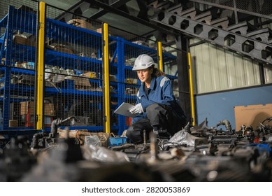 Female engineer holding tablet checking electric servo motor spare parts inventory in industrial warehouse, concept of heavy machinery automation repair and industrial equipment maintenance service.