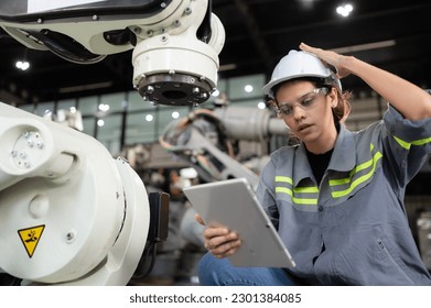 A female engineer installs a program on a robotics arm in a robot warehouse. And test the operation before sending the machine to the customer.