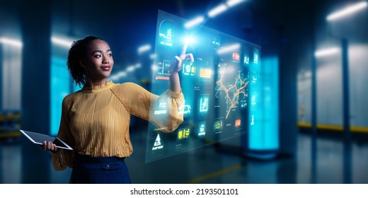 A female engineer in the near future who operates a hologram screen