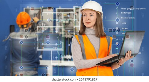 Female engineer in safety vest and helmet checks electrical blueprint on laptop, background shows wiring layout and male technician at panel — Electrical engineering, construction.