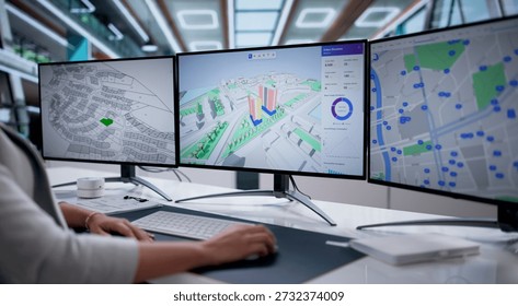 Female Engineer Using BIM Software For Urban Energy Mapping