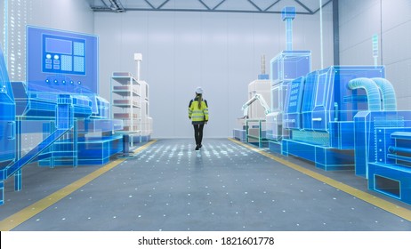 Female Engineer Walks Through Factory Workshop with Augmented Reality 3D Models CNC Machinery Production Line. Industry 4.0 Graphics Visualization in Factory. VFX Special Graphics and Visual Effects - Powered by Shutterstock