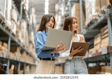 Female engineers team discussing inventory in warehouse logistics and supply chain planning, operation management, data analysis, warehouse shipping, inventory tracking, optimization and technology