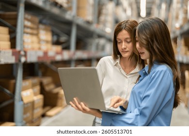 Female engineers team discussing inventory in warehouse logistics and supply chain planning, operation management, data analysis, warehouse shipping, inventory tracking, optimization and technology