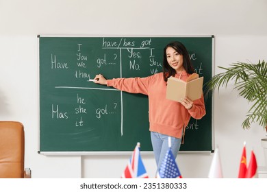 Female English teacher with book conducting grammar lesson in classroom