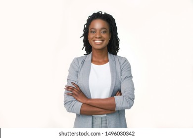 Female Entrepreneur. Afro Business Girl Smiling At Camera Crossing Hands On White Studio Background. Copy Space, Isolated - Shutterstock ID 1496030342
