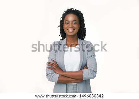 Female Entrepreneur. Afro Business Girl Smiling At Camera Crossing Hands On White Studio Background. Copy Space, Isolated