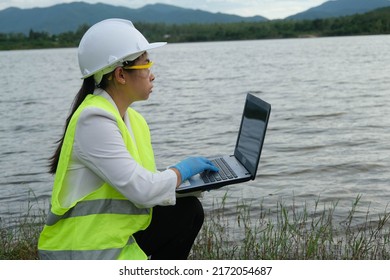 Female Environmentalist Wearing Gloves Takes Samples Of River Water To Examine Contaminants In Natural Waters And Record Data On A Laptop. Water And Ecology Concept.