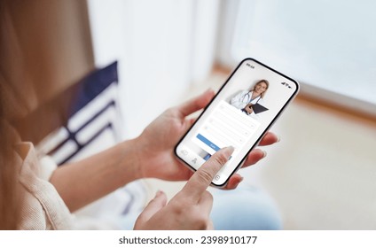 Female exploring options on health app via her smartphone at home, unrecognizable woman seeking medical guidance, browsing modern application for telemedicine, getting onlinr consultation, collage - Powered by Shutterstock