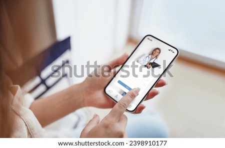 Female exploring options on health app via her smartphone at home, unrecognizable woman seeking medical guidance, browsing modern application for telemedicine, getting onlinr consultation, collage