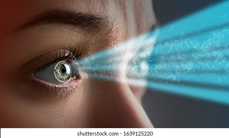 Female Eye Close Up With Smart Contact Lens With Digital And Biometric Implants To Scanning The Ocular Retina. Future Concept And High Tech Technology For Computer Scans Of Face Id