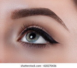 Female Eye Close-up. Macro. Perfect Makeup And Eyebrows. Beautiful Gray Eyes