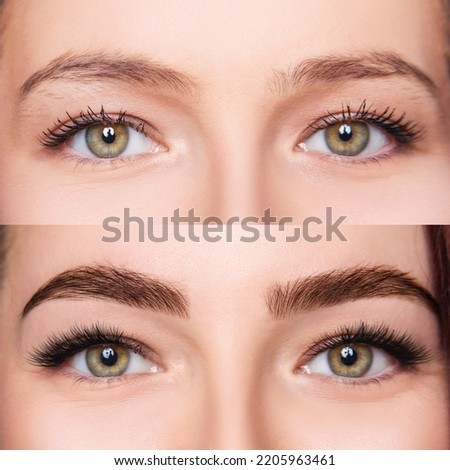 Female eyebrows before and after brows correction. Close-up.