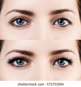 Female eyes before and after eyelash extension