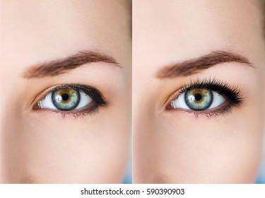 Female eyes before and after eyelash extension.