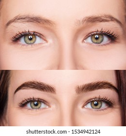 Female Eyes Closeup Before And After Eyebrows Correction And Dying.