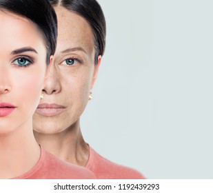 Female Face. Aging And Youth. Young And Older Woman. Before And After, Youth And Old Age