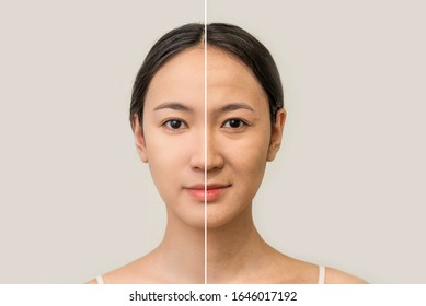the female face of an Asian woman, the concept of beauty before and after contrast, the power of retouching. skin care, prolongation of youth. women's cosmetology