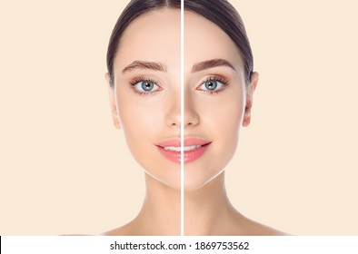 Female Face Before And After Coloring And Styling Eyebrows On Beige Background