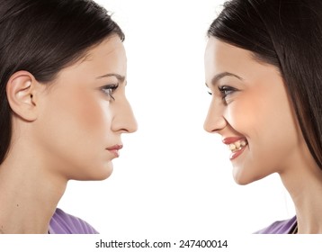 female face, before and after cosmetic nose surgery
