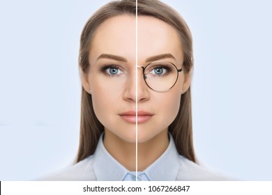 Female Face, Cut In Half To Present Before And After Checking Vision. Woman Face Without Glasses And With Glasses