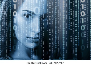 Female face with digital matrix numbers intelligence AI