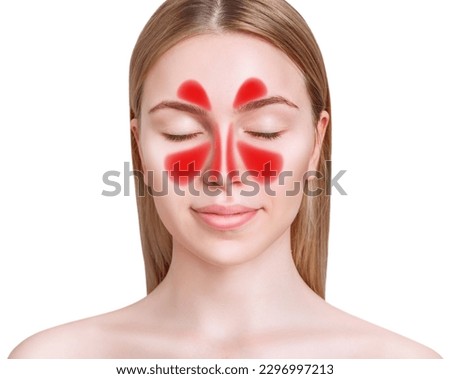 Female face with inflammation of mucous membrane of paranasal and frontal sinuses.