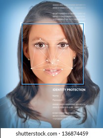 Female Face With Lines From A Facial Recognition Software