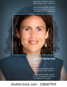 Female Face With Lines From A Facial Recognition Software