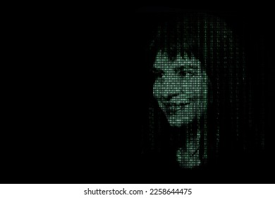 Female face with matrix digital numbers artifical intelligence AI theme with human face. The concept of artificial intelligence. dark background with computer binary code and hidden face watching
