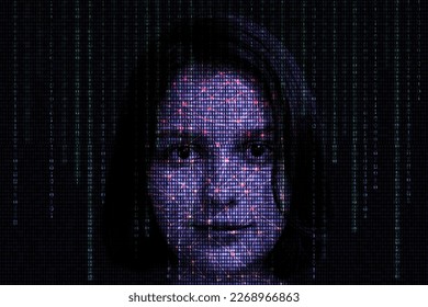 Female face with matrix digital numbers artifical intelligence AI theme with human face. The concept of artificial intelligence. dark background with computer binary code and hidden face watching - Shutterstock ID 2268966863