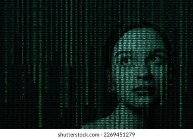 Female face with matrix digital numbers artifical intelligence AI theme with human face. Virtual reality touchscreen digital screen. dark background with computer binary code and hidden face watching