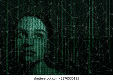 Female face with matrix digital numbers artifical intelligence AI theme with human face. Virtual reality touchscreen digital screen. dark background with computer binary code and hidden face watching