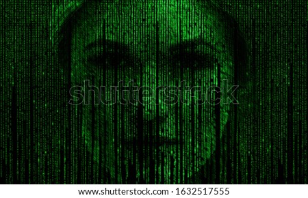 Female face with matrix digital numbers artifical intelligence AI theme with human face