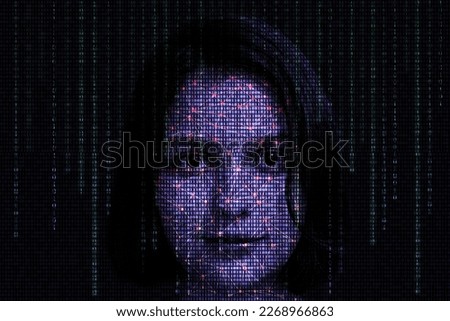 Female face with matrix digital numbers artifical intelligence AI theme with human face. The concept of artificial intelligence. dark background with computer binary code and hidden face watching