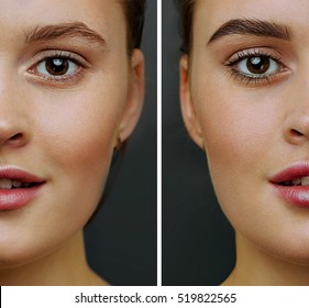 Female Face, With Perfect Skin, Cut In Half To Present Before And After  Coloring, Styling Eyebrows.