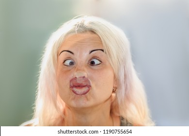 Female Face Pressed Against Glass Or Window,  Funny Female Face Expression