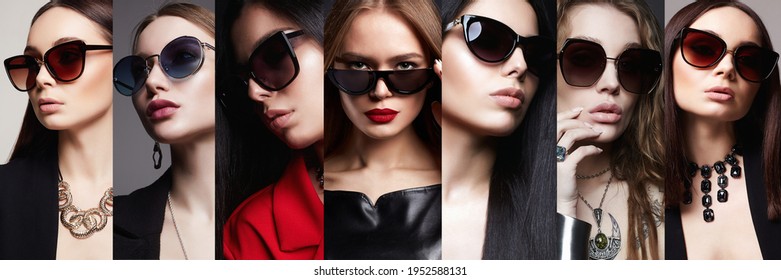 Female Faces. Collage Of Beautiful Women In Sunglasses. Beautiful Teen Girls. Summer Glasses Trend