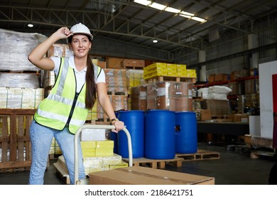 Female Factory Worker Pushing Cart With Corrugated Box In The Warehouse Storage