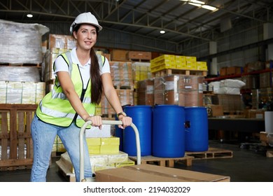 Female Factory Worker Pushing Cart With Corrugated Box In The Warehouse Storage