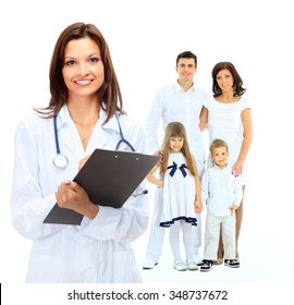 Female Family Doctor On The Background Of A Happy Family