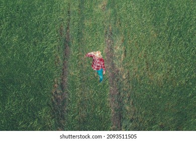 Female Farmer Agronomist Posing In Cultivated Barley Crop Field, Aerial View From Drone Pov