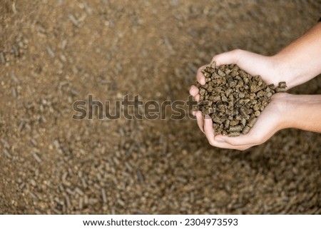 Female farmer hands folded in shape of heart holding handful of calf pellets, high quality organic granulated feed containing cereals, soybean meal and cottonseed meal. Cropped shot.. Stock photo © 