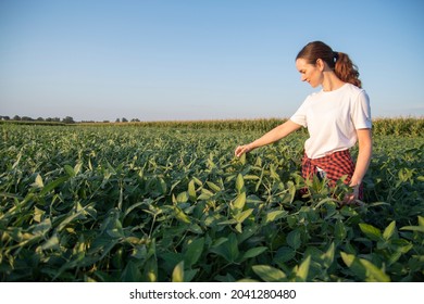 A female farmer in soybean field