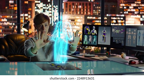 Female Fashion Designer Worke with Holographic Augmented Reality 3D Model. Young Woman Create New Clothing Collection. Scientific Technology. Fashion and Art Concept. High quality 3d illustration - Powered by Shutterstock