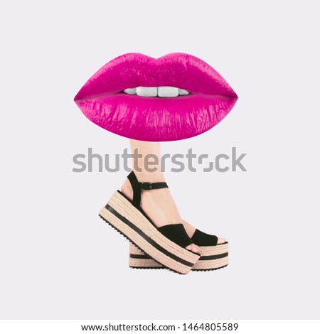 Female fashion sandals on a high platform with female pink lips on light gray background. Summer art collage. Valentine's background.