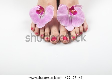 Female feet red pedicure nails Orchid flower