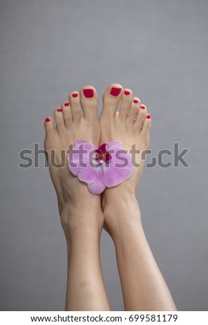 Female feet red pedicure nails